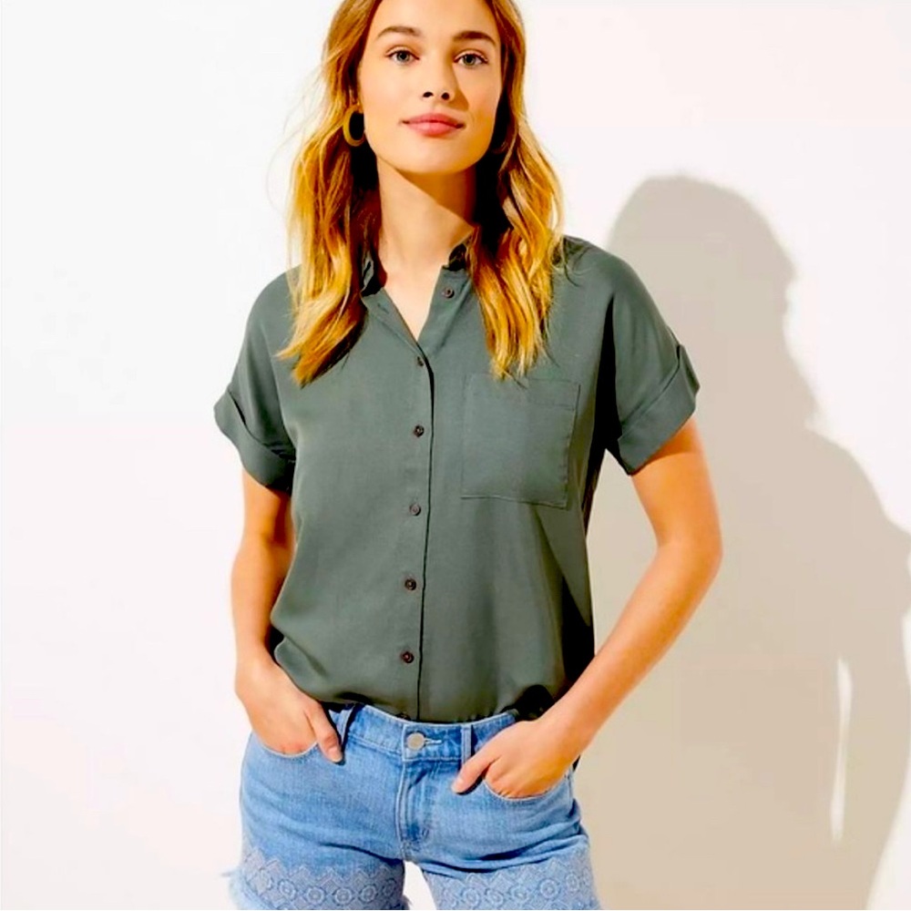 NWT - Olive green silky short sleeve button up! Brand new from The Loft! Size S